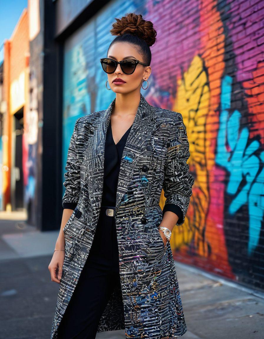 A chic modern fashionista wearing a stunning contemporary outfit that blends bold patterns and textures, standing confidently in an urban setting. The background features abstract graffiti art symbolizing personal expression, with vibrant colors that pop against a sleek, minimalist cityscape. Soft sunlight casts dynamic shadows, accentuating the outfit's details and the subject's chic hairstyle. super-realistic. vibrant colors. urban setting.