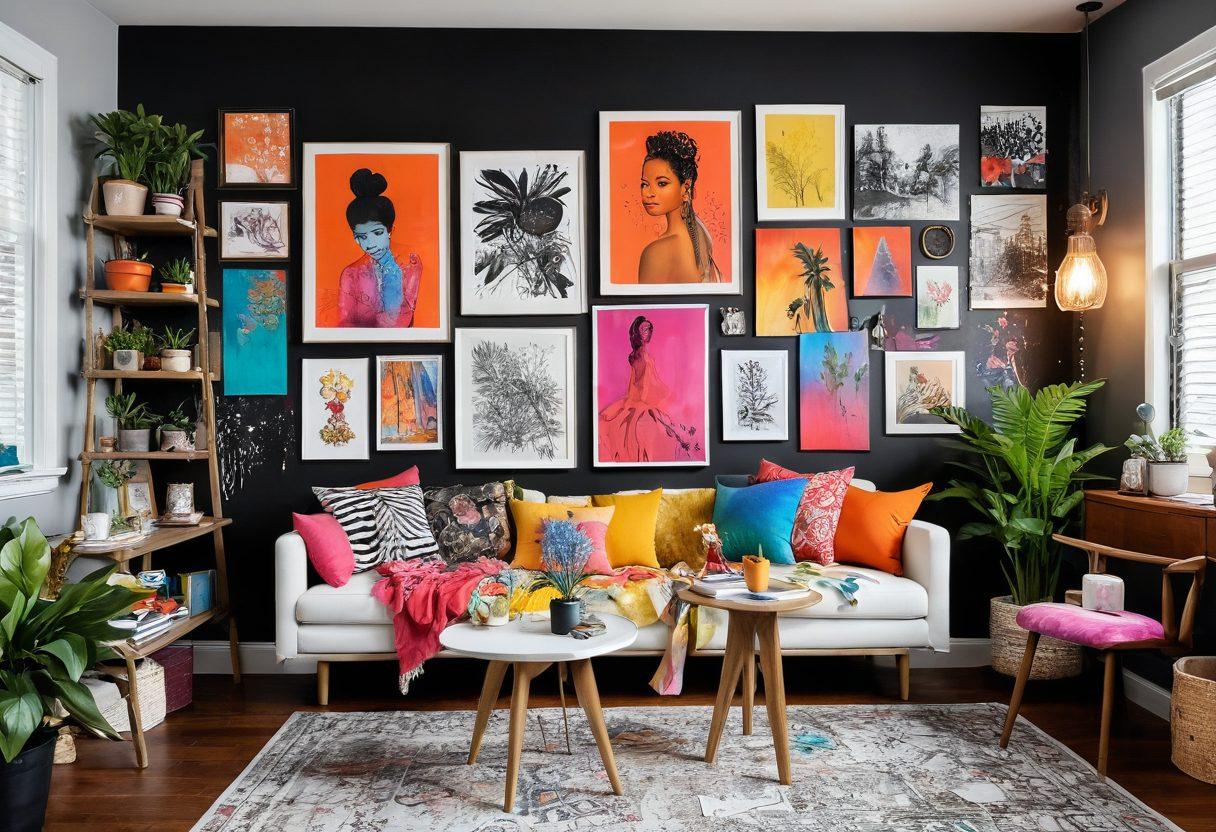 A vibrant collage showcasing Racquel D.'s artistic journey: in one section, sketches of her unique designs, in another, a stylish living space that reflects her artistic vision, filled with colorful fabrics, eclectic art pieces, and plants. Add a creative workspace with paint splatters and scattered materials. The overall feel should be dynamic and inspiring. bright colors. super-realistic.