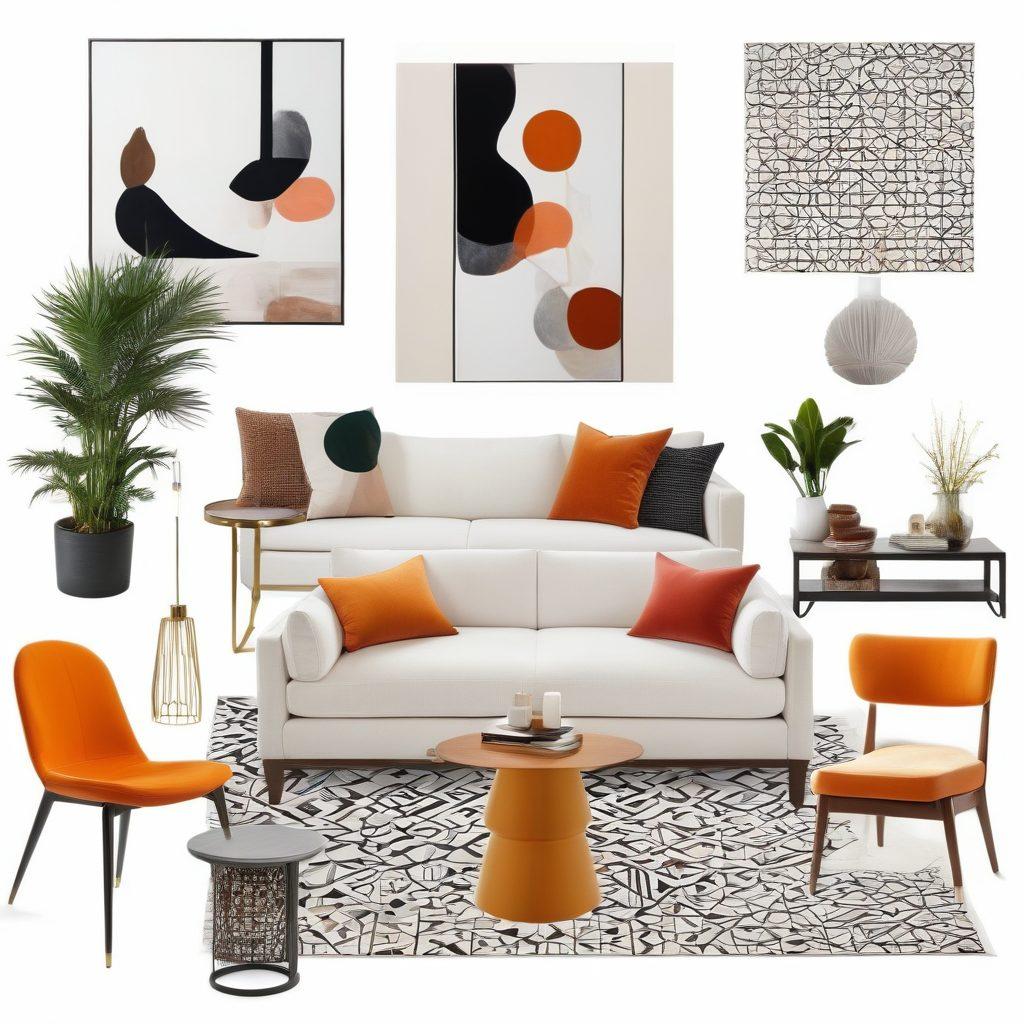 A stylish collage showcasing a modern living space infused with Racquel D. aesthetic elements, featuring bold geometric patterns, a mix of textures, and contemporary furniture. Include vibrant color pops in a balance of minimalist design and artistic expression, with cultural artifacts that hint at diverse influences. The atmosphere should feel inviting yet sophisticated, embodying contemporary elegance. super-realistic. vibrant colors. white background.